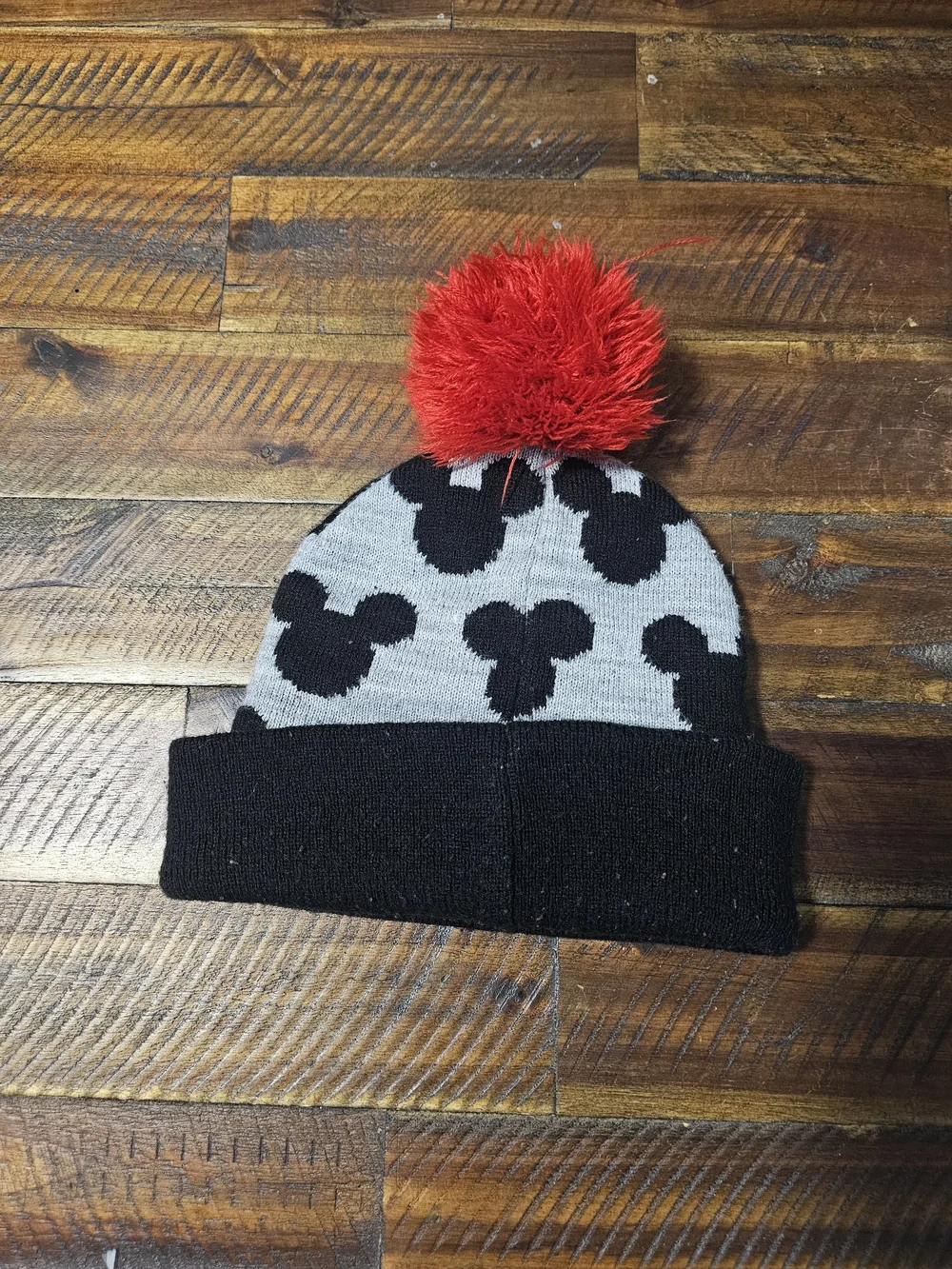 Kids Red Pom Knit Beanie with Black Mickey Pattern